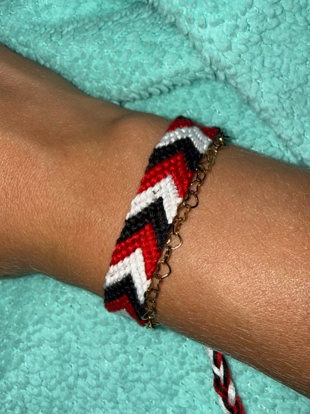 Chevron Friendship Bracelet with Gold Chain Accent — Red, White & Black